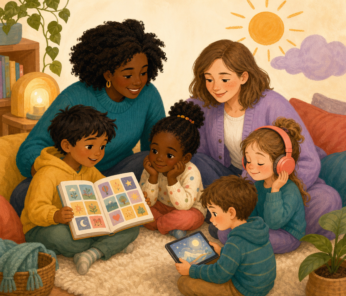 Children and trusted adults exploring text, audio and visual stories together.